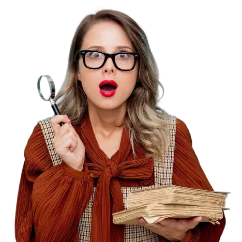 Excited woman with magnifier and books